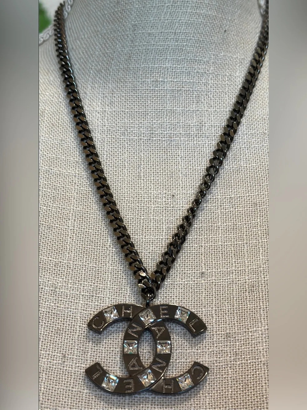 CHANEL Gun Metal and Silver Double-C Crystals Pendant Necklace